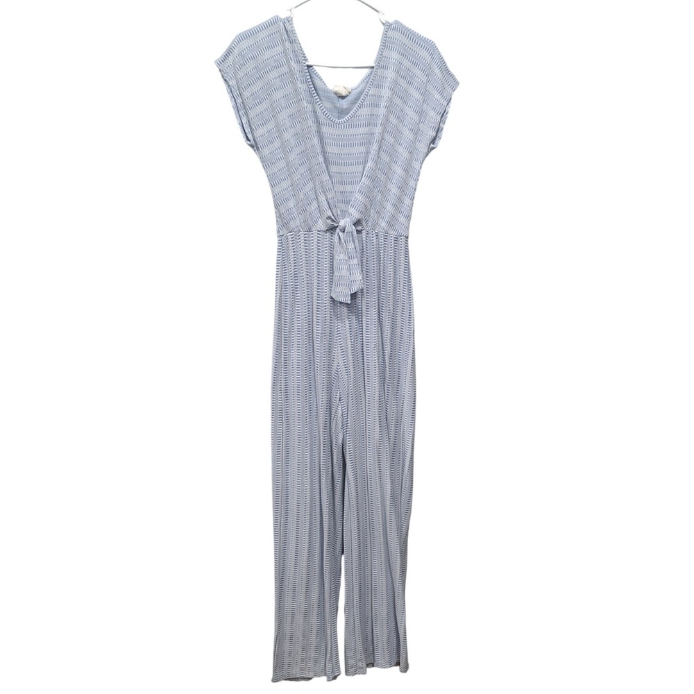 Caution To The Wind Womens Blue White Geometric Textured Tie‎ Front Jumpsuit LG